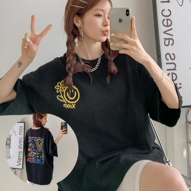 핏몬 여성 오버핏 네온 스마일 반팔 빅사이즈 롱 박스티 여름 티셔츠