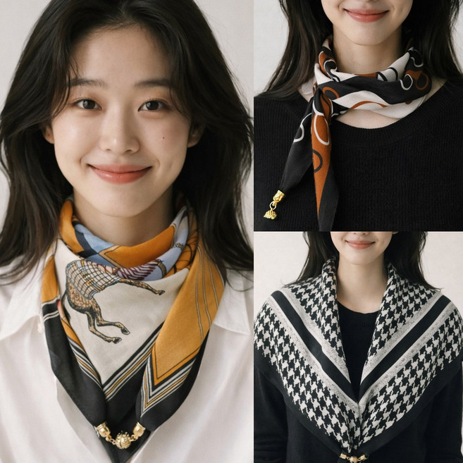 자석 스카프 3종 세트 쁘띠 사각 머플러 간편 고정 쉬운 착용 여성 데일리 봄 가을 실크 감성 패션