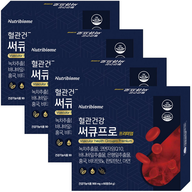 뉴트리바이옴 혈행 혈당 혈압 건강 써큐프로 프리미엄 녹차추출물 체지방 항산화 코엔자임Q10 바나바 징코 홍국 콜레스테롤 혈액순환 비타민B6 판토텐산 아연 선물용, 4개, 60정