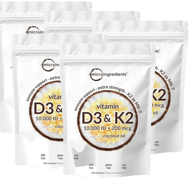 마이크로인그레디언트 비타민D3 10000IU 플러스 K2 (MK-7) 200mcg 소프트젤 Micro Ingredients Vitamin D3 K2 (MK-7), 5개, 300정