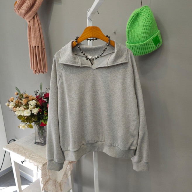 여성용 브이넥 카라 세미크롭 긴소매 면혼방 맨투맨