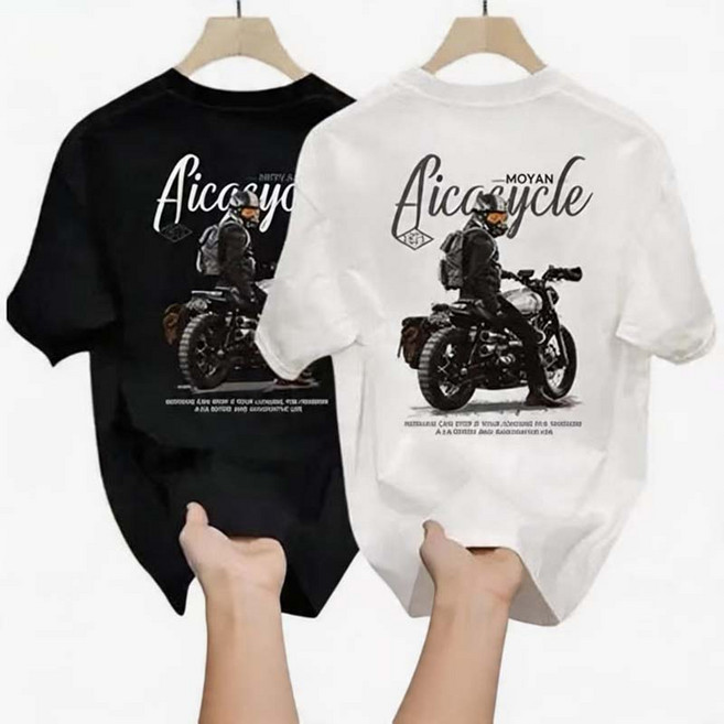 빅사이즈 모터사이클 프린트 반팔 티셔츠 남성 고급스러운 반팔 상의 독특한 분위기 활동성 다양한 체형 편안한 소재 쾌적한 착용감 1+1 2장입