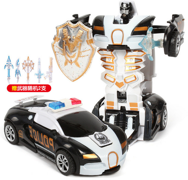 兒童碰撞變形玩具車，變形機器人模型，回力車慣性玩具車，一鍵變形賽車，寶媽首選男孩最愛, 變形BJD-黑警車B款【袋裝】, 1個