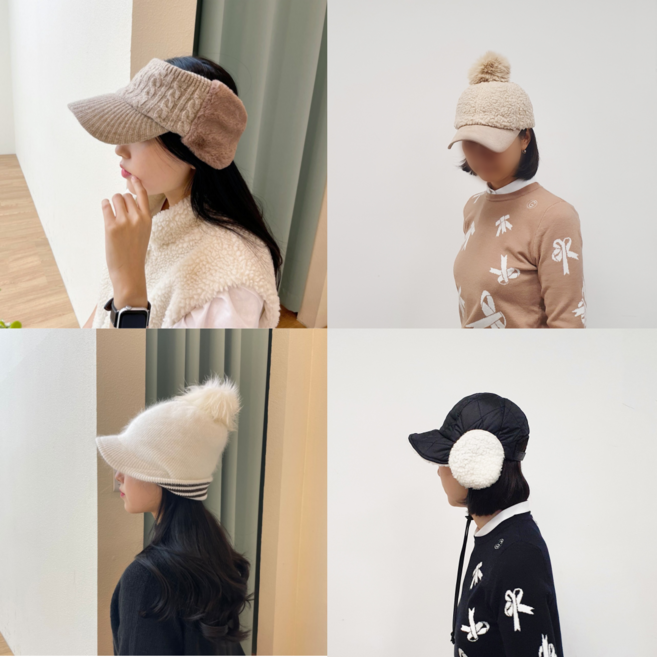 마크그린 여성 겨울 방한 골프 모자 4종 테니스 등산 귀막이 털모자 니트썬캡, 베이지, B타입(뽀글이방울), 1개