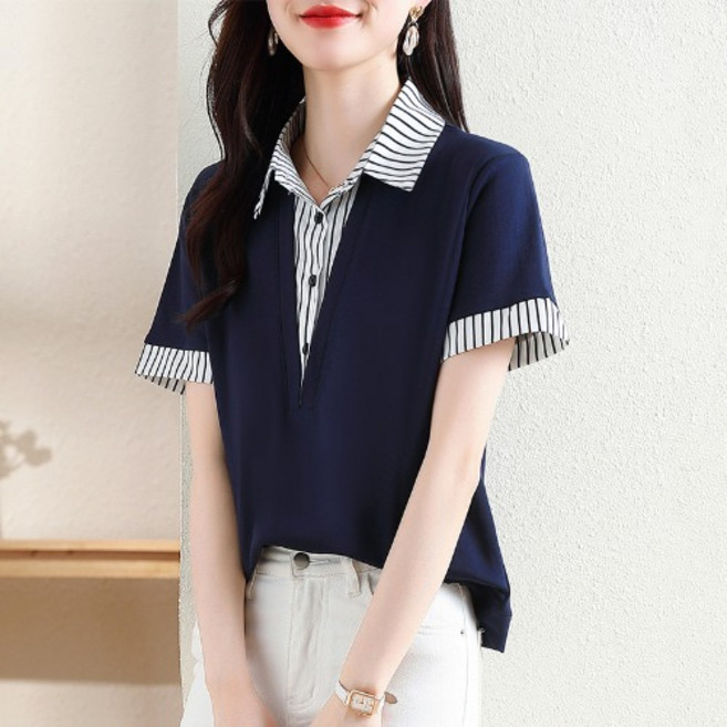 NEW 여성 가짜 투피 티셔츠/골프 반팔티/면티/스트라이프 카라 티셔츠/여름 풀오버 반팔 티셔츠/여자 캐쥬얼 빅사이즈 상의