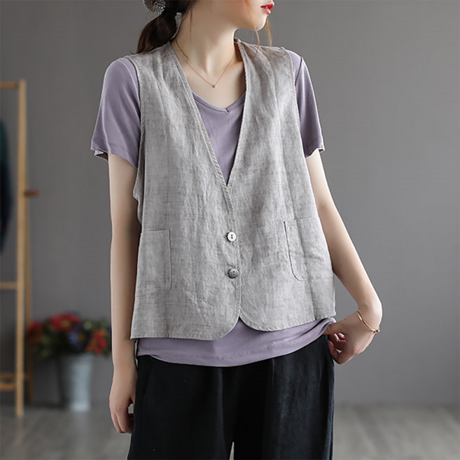 WANGBAIWAN 여성 브이넥 민소매 린넨 조끼 루즈핏 빈티지 면마 기본 경량 포켓베스트 S22812