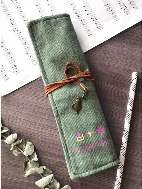 老羊樂器店 音符造型 12格帆布筆袋, 亞麻綠, 1個