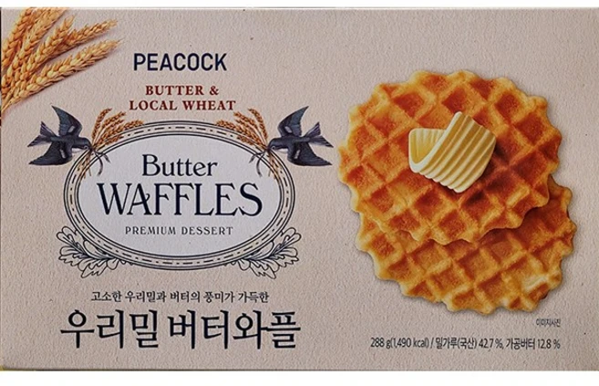 PEACOCK 피코크 우리밀 버터와플 288g (24g X 12봉) / 국산밀가루42.7% 가공버터12.8%, 24g, 12개 - 쿠팡