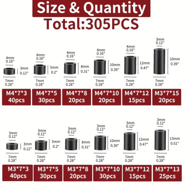 전기 콘센트 나사 스페이서 블랙 나일론 라운드 스페이서 모음 키트 나사산 없는 플라스틱 스페이서 스위치, 01 305Pcs, 1개