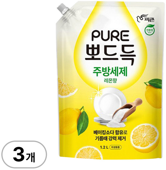 피죤 퓨어 뽀드득 주방세제 레몬향 1.2L 리필 x 3개