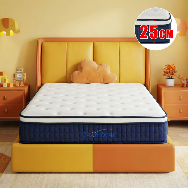 TAKETHAD 침대 매트리스 포켓스프링 싱글 바닥, 파란색 흰색, 25cm, 중간 단단함