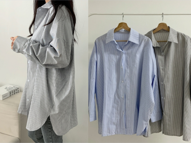 뮤앤뮤즈 [살탐방지 ~2XL] 루즈핏 스트라이프 롱 남방 긴팔 셔츠