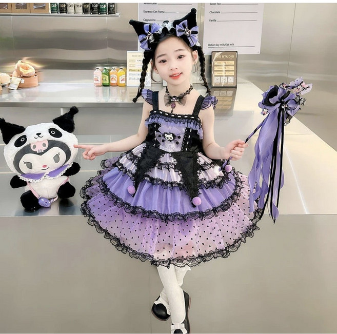 여아 쿠로미st 퍼플 고딕 공주 드레스 마술봉 머리띠 세트 어린이 코스튬 파티 원피스