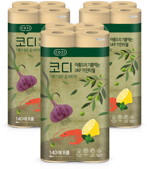 코디 아름드리 기름먹는 무표백 키친타월 140매x8롤 3팩