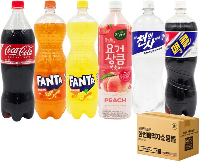 [한번에먹자] 대용량 과즙 탄산음료 1.25L~1.5L 6종 혼합세트 코카콜라 업소용 환타 오렌지 파인애플 웅진 요거상큼 복숭아 일화 천연사이다 맥콜 당구장 사무실 가정용 탕비실, 6개, 1.25L