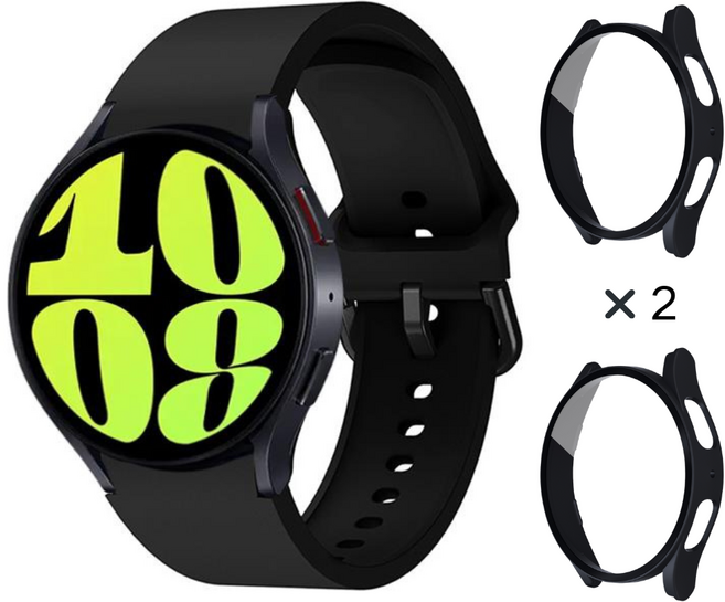 갤럭시워치 호환 8 7 6 5 4 스포츠 실리콘 스트랩 + 보호 PC강화유리 풀커버 케이스 2개입, 블랙/블랙