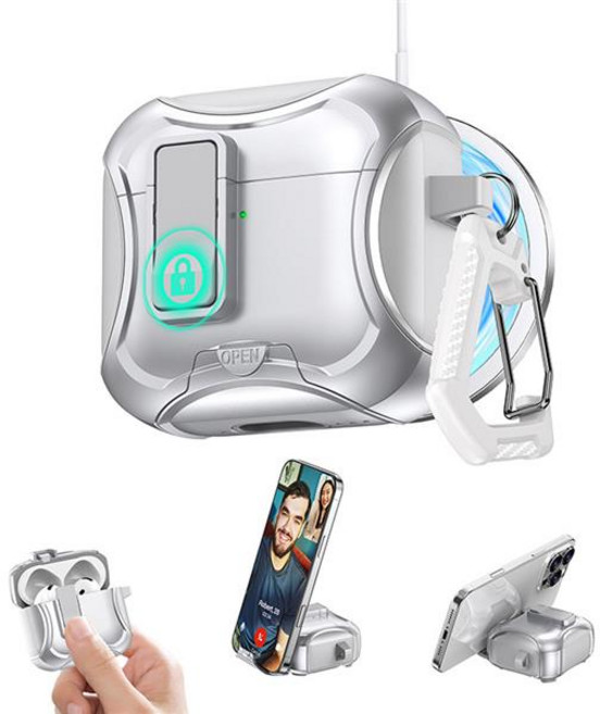 에어팟 4 3 2 1 프로 잠금 락 스위치 마그네틱 무선충전 브래킷 거치대 이어폰 젤 하드 범퍼 키링 케이스, 실버 sap1606, 에어팟3, 1개