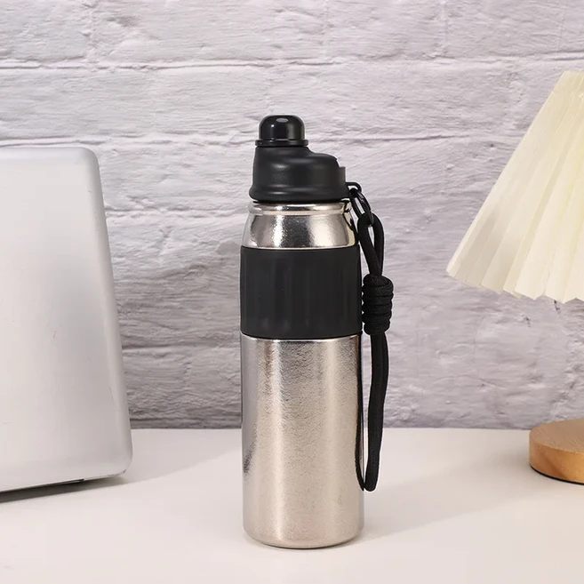 빨대와 손잡이가있는 600ml 순수 티타늄 스포츠 병 더블 레이어 진공 Drinkware 마시는 보온병 컵, 01 600ml, 03 Silver