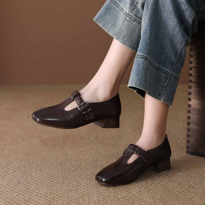 봄가을 천연 소가죽 수제 주름 백화점 품질 중년 엄마구두 통굽 로우힐 클래식 손잡이 가죽슈즈 미끄럼방지 편한 통근 데일리 여성 정장구두