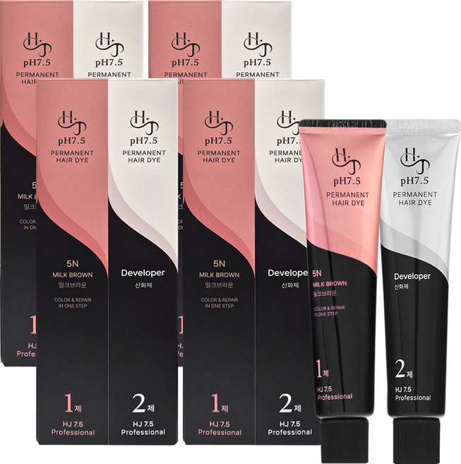 HJ pH7.5 중성 전체 염색약 셀프 뿌리염색 흰머리 새치커버 저자극 염모제, pH7.5 밀크브라운, 4개