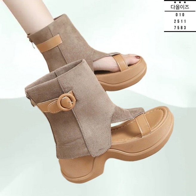 여성 토오픈 여름부츠 8cm 통굽 플랫폼 스웨이드 여름 앵글 샌들부츠 220