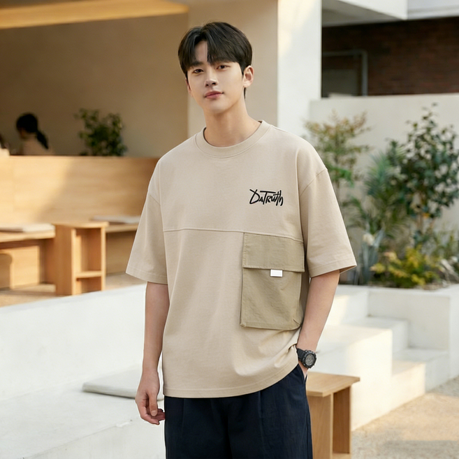 스타일닥터 남성 반팔 티셔츠 루즈핏 레터링 프린트 포켓 디테일 캐주얼 라운드넥 반팔