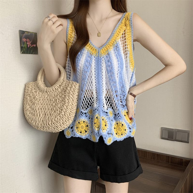FINE ART 1+1 여성 그물 조끼 레이스 베스트 펀칭 나시티 민소매 티셔츠 루즈핏 상의 앤티크