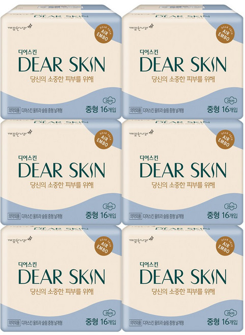 깨끗한나라 디어스킨 에어엠보 울트라스킨 생리대 날개형, 중형, 32개입, 6세트