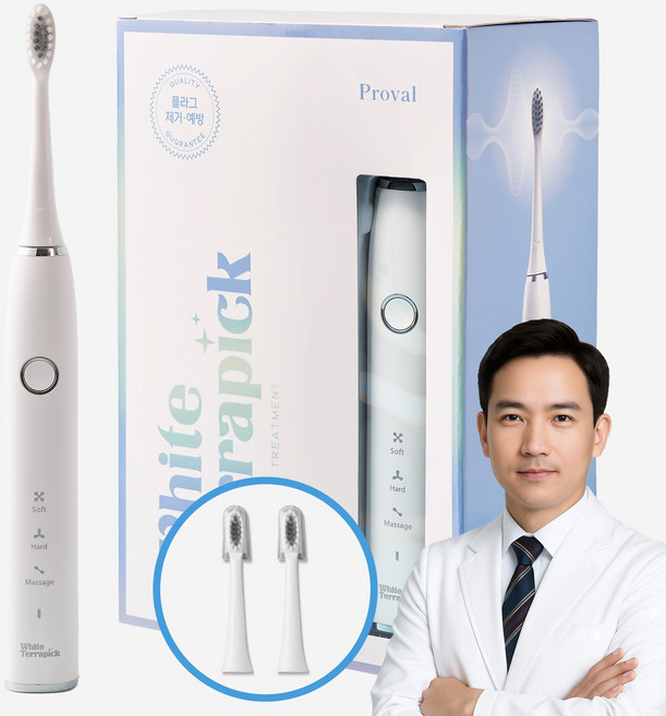 [치과약국판매] 프로벨 음파전동칫솔 저자극 방수 1년무상A/S 칫솔모2개포함, 1개, 화이트, 화이트테라픽