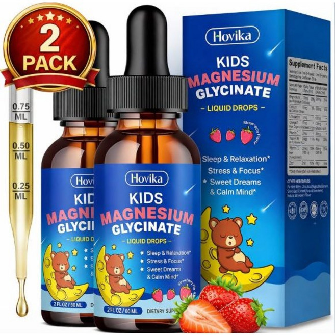 키즈 마그네슘 글리시네이트 액상 2팩 4팩 어린이 마그네슘 드롭 L테아닌 오메가3 비타민D 딸기맛, 60ml