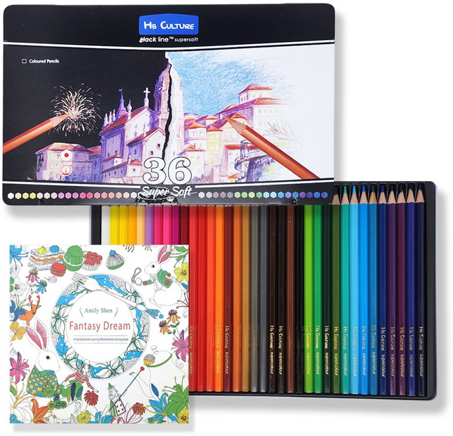 에이치비문화사 전문가용 유성 36컬러 색연필 틴케이스 컬러링북 포함, 1개, 36색
