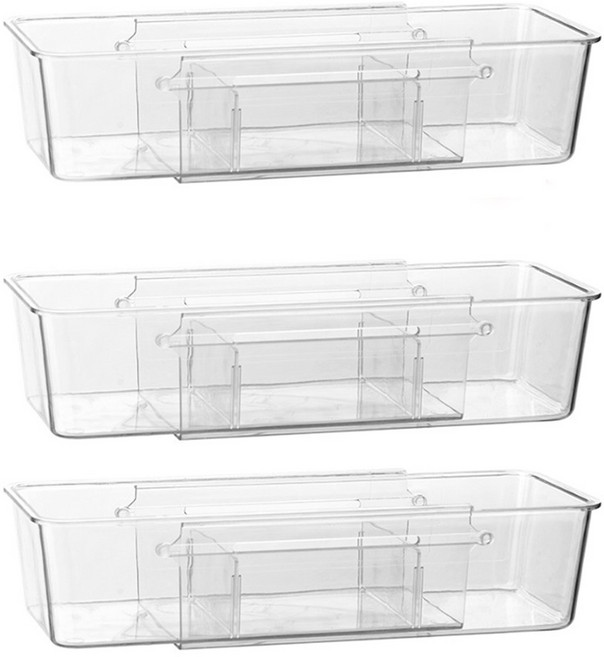 투명 맞춤 길이조절 수저정리함 싱크대 서랍 정리 수저 보관함 세트, 3개, 투명칸막이