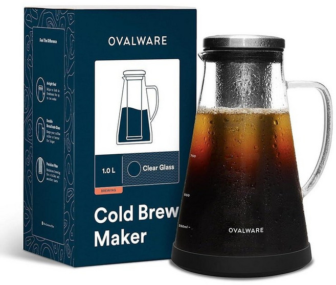 밀폐형 콜드 브루 아이스 커피 메이커 및 티 인퓨저 포함 - 1.0L / 34온스 Ovalware RJ3 브루잉 유리 카라페 탈착식 스테인리스 스틸 필터 110767
