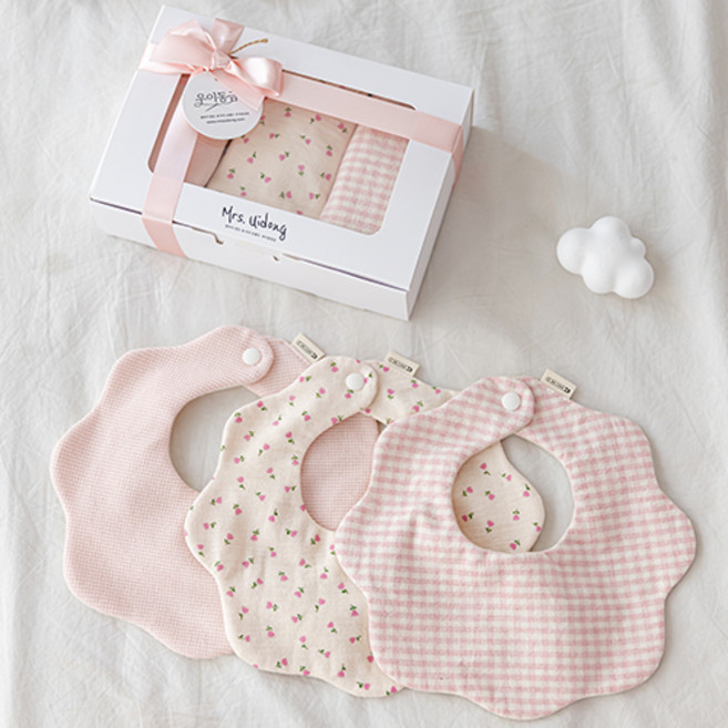 출산백일선물 미니튤립 쁘띠 턱받이3종세트 (선물포장)