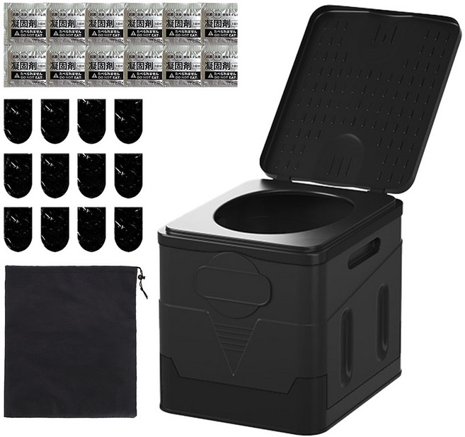 플로우 차량 캠핑 휴대 이동 접이식 변기 + 응고제 +봉투 + 파우치 세트, 1세트, 블랙