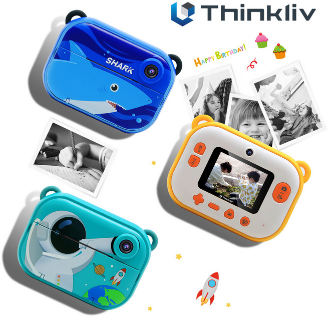 씽크리브 감열지 토이 키즈 카메라 어린이카메라 롤링디카 TL-KIC01, 블루(상어), 1개