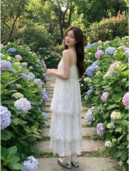 포리프 레이스 캉캉 민소매 스트랩 바캉스 롱 원피스 드레스