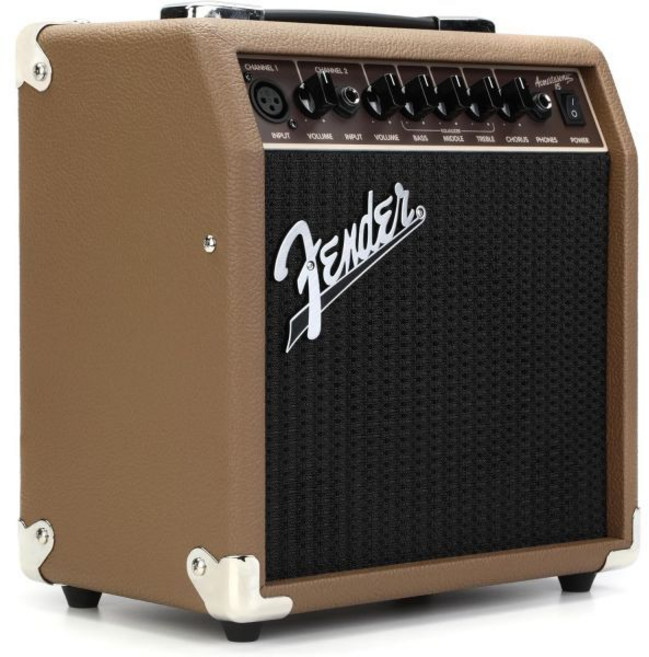 펜더 어쿠스틱소닉 기타 앰프 어쿠스틱 기타용 15와트 2년 보증 6인치 스피커 이중 전면 패널 입력 크기 11.5H x 11.19W 7.13D 인치 탠색, 15 Watt