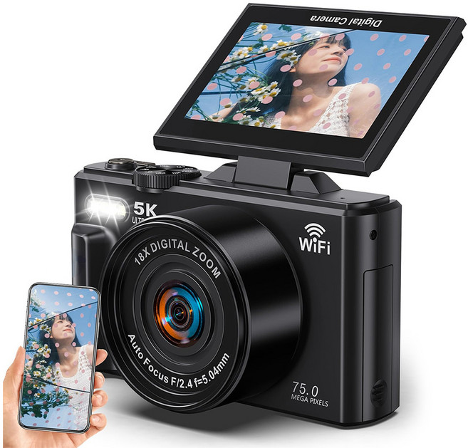 신클퍼 5K 고화질 디지털카메라 180도 로 뒤집다 자동 초점 맞추기 7600W 픽셀 카메라 64GB SD 카드 여행 카메라 wifi 모드, 검은색, 디지털 카메라