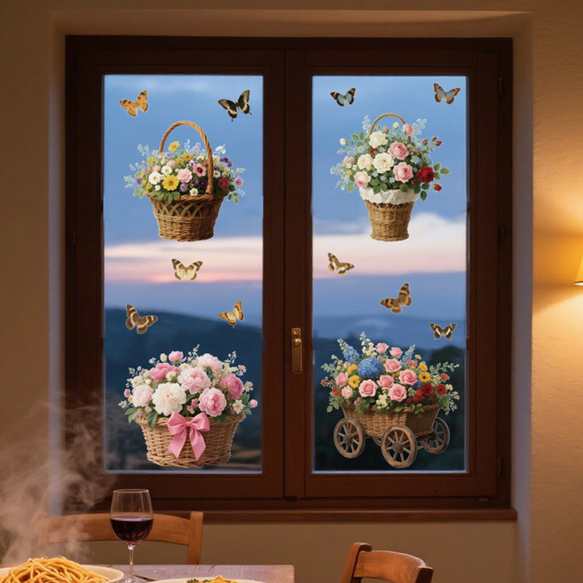 UV 양면 정전기 창문 스티커 다양한 꽃 디자인 인테리어 소품 120x30cm, 꽃바구니