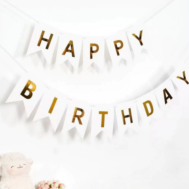 生日快樂彩虹色三角掛旗裝飾, 白色（大號), 1個