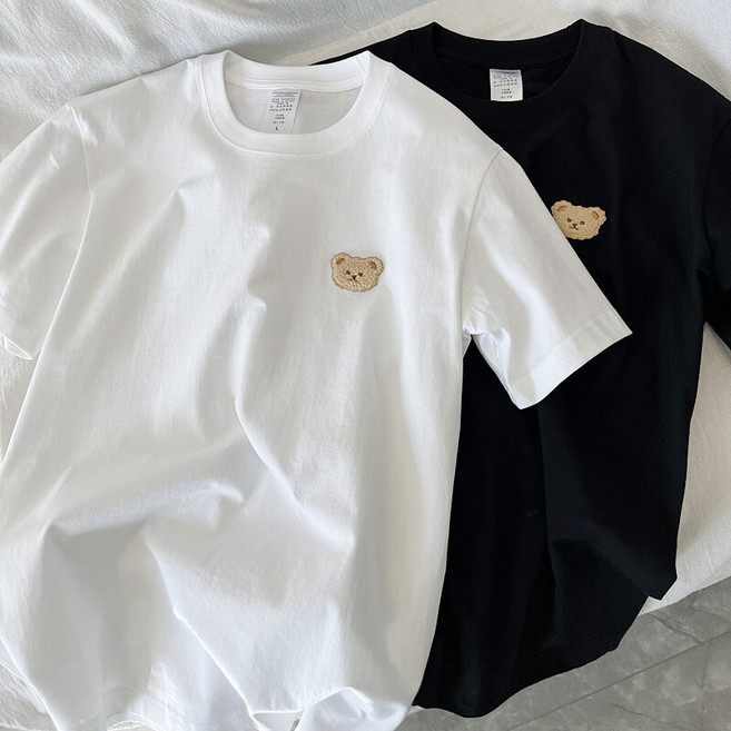 티레오 여성용 반팔티 오버핏 40수 순면 빅사이즈 남녀공용 쿨링 편안한 여름옷 브라운 곰돌이 자수 2컬러 S-3XL