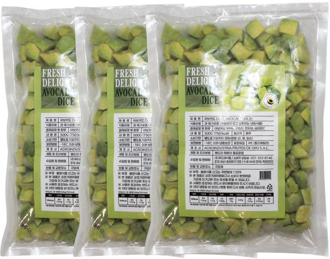 산들네이처 아보카도 다이스 냉동아보카도 아보카도요리 아보카도샌드위치 과카몰리 1.5kg (500g x 3봉), 3개, 500g