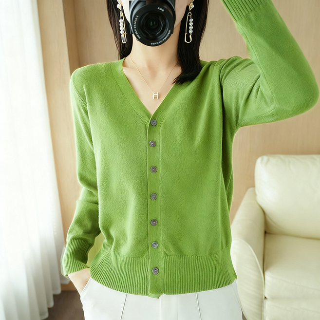 여성 브이넥 니트 가디건 데일리 소프트 베이직 루즈핏 긴팔 아우터 슬림소녀