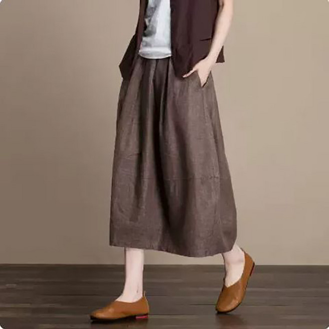 지고다그 여성용 여름용 면마 롱 스커트 루즈핏 주름 데일리 캐주얼 스커트 YYA0537