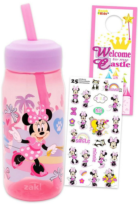 Disney 여아용 미니 마우스 물병 - 473.2ml(16온스) 물컵 빨대 스티커 등 아동용 컵 포함 번들, Disney 여아용 미니 마우스 물병 - 473.2ml
