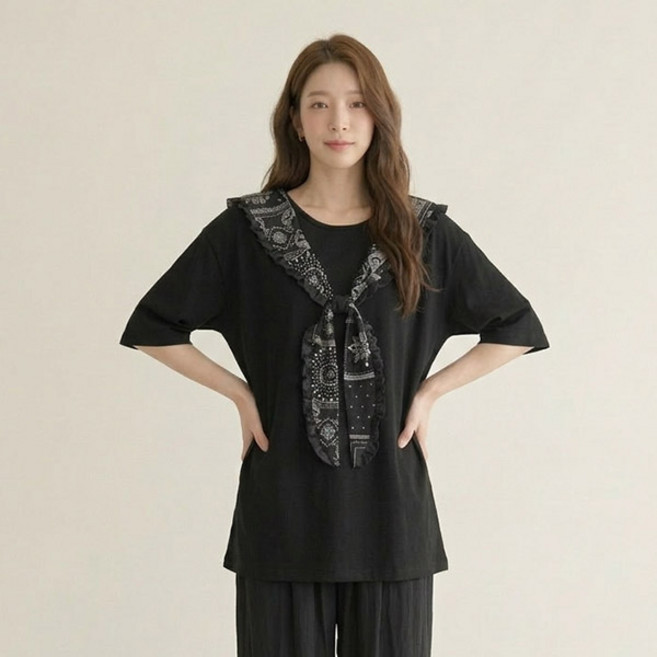 드마엘 여성 포헤르 일체형 스카프 티셔츠 + 델로나