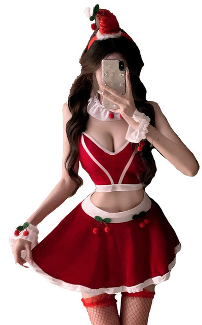 핑크바니 크리스마스 산타 레드 샤틴 코스프레 스커트 원피스 드레스
