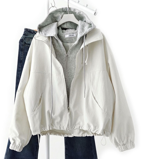 메리앤유 코튼 소재 후드 레이어드 바람막이 점퍼 루즈핏 간절기 자켓