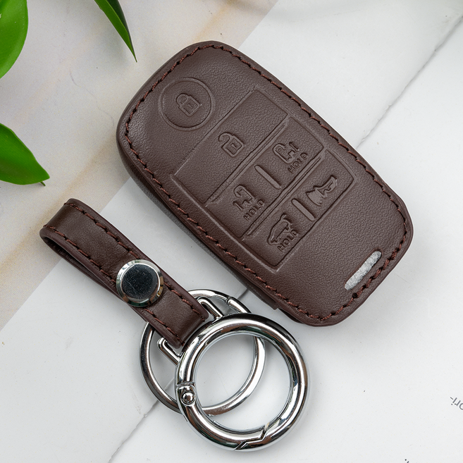 기아 올 뉴 모닝 쏘렌토 프라이드 카렌스 카니발 K3 호환 천연 소가죽 스마트 키 케이스 키홀더 키링, BO-L13, 브라운